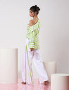 Striped Green & White Off-shoulder Top with White Pant