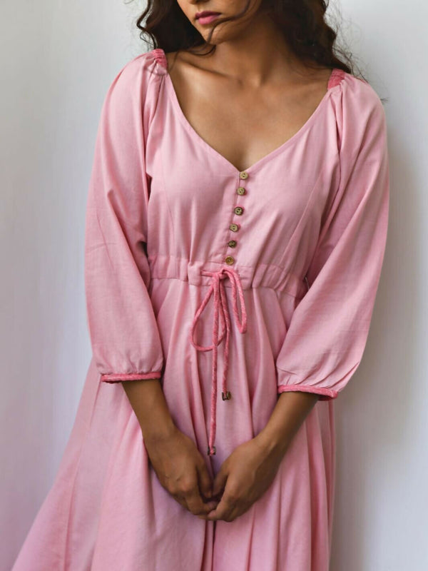 Pink Flared Long Cotton Maxi Dress