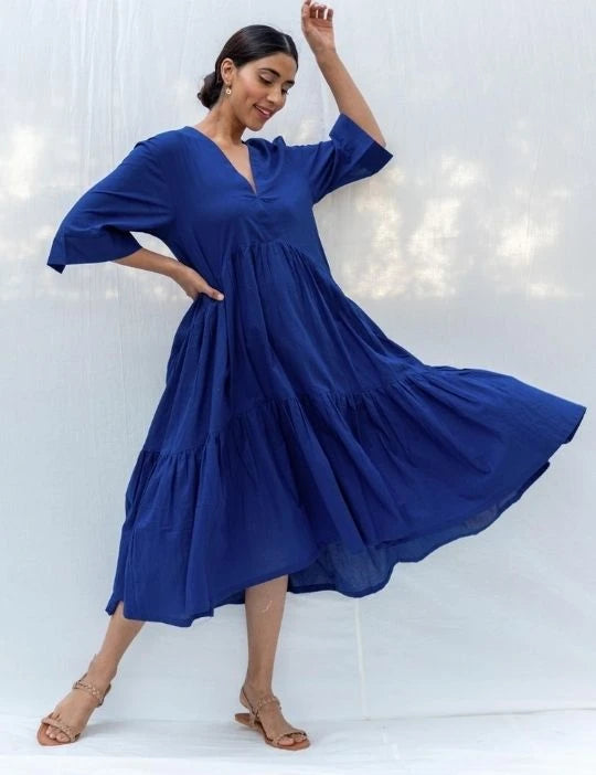 Deep Blue Flared Long Cotton Maxi Dress