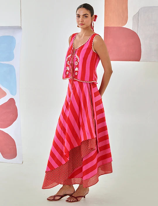 Embroidered Top & Layered Skirt Set