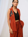 Brown Cotton Sleeveless Embroidered Jacket Set