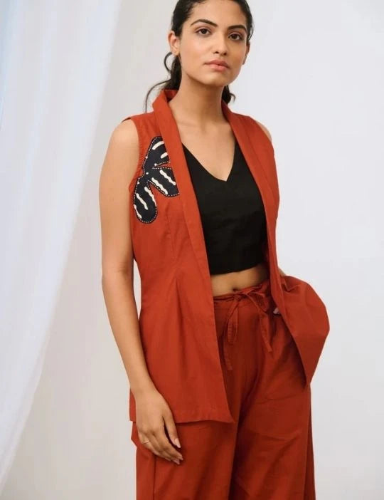 Brown Cotton Sleeveless Embroidered Jacket Set