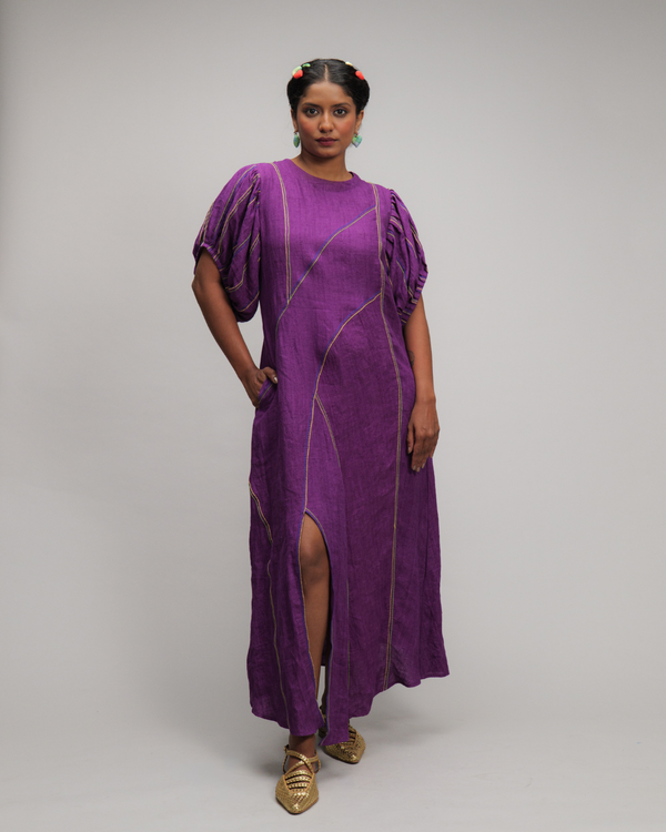 Magdalena Purple Linen Puff Sleeve Dress