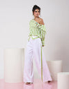Striped Green & White Off-shoulder Top with White Pant