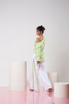 Striped Green & White Off-shoulder Top with White Pant