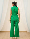 Green Cotton Sleeveless Embroidered Jacket Set