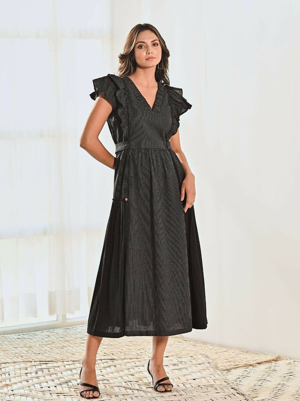 Black Cotton V neck Long Dress with Belt