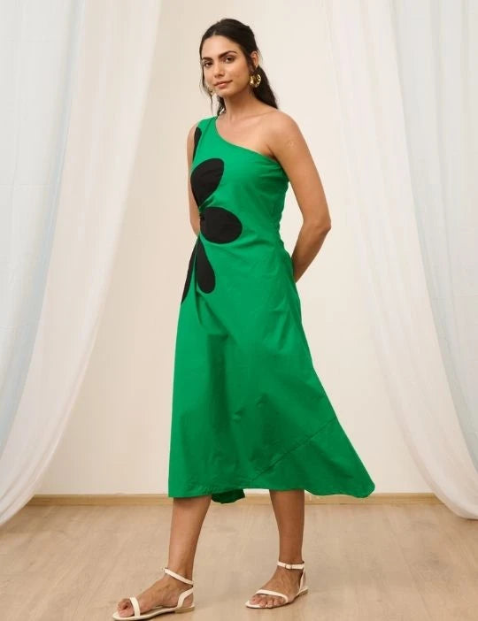 Green One Shoulder Embroidered Dress