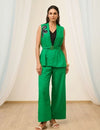 Green Cotton Sleeveless Embroidered Jacket Set