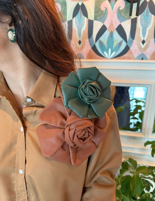 Vegan Leather Rose Brooch Green