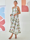 Aqua floral printed tie up maxi