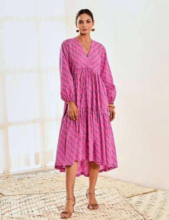 Pink Cotton Striped Print Maxi Long Dress