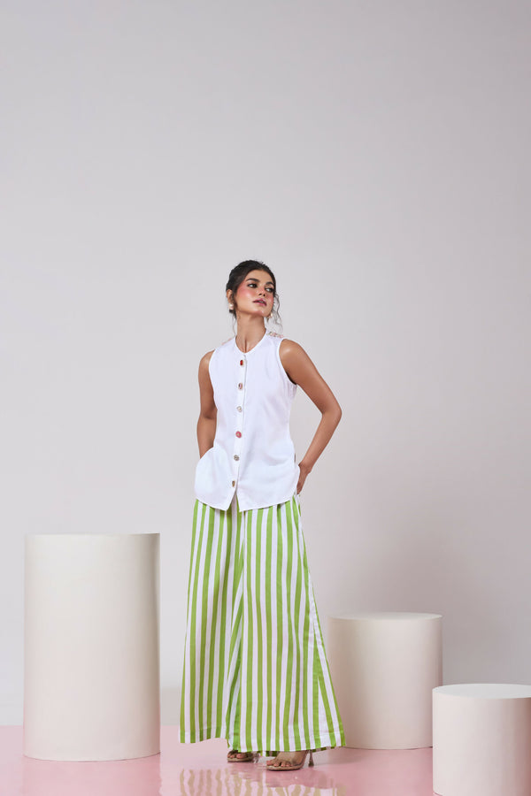 White Top with Green & White Striped Pant