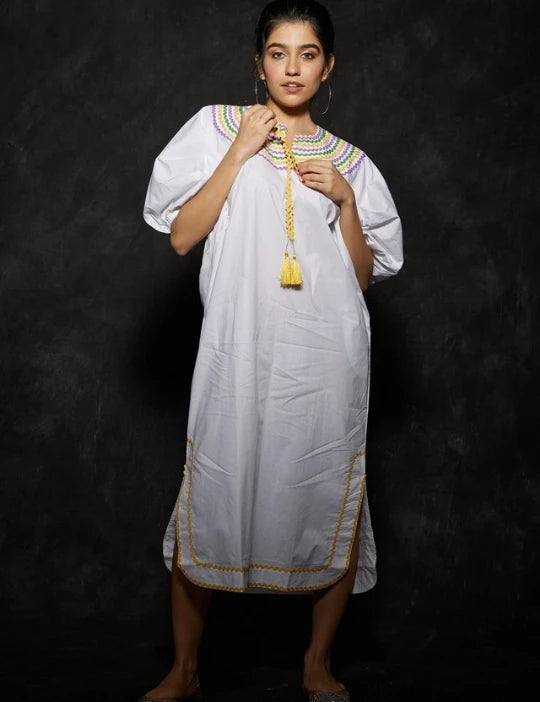 WHITE CASABLANCA DRESS- GREEN\YELLOW