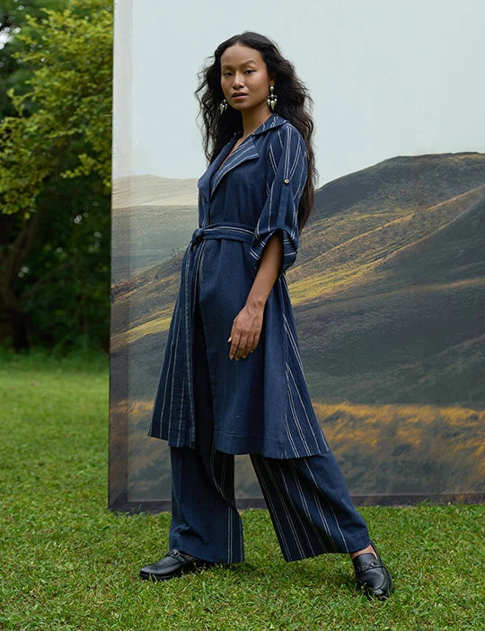 Cobalty Trench Overlay & Trousers Set With Bralette