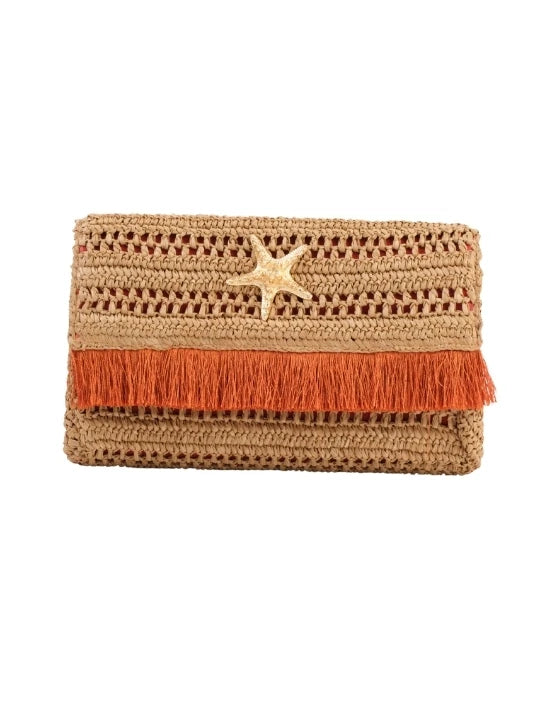 Brown Slim Real Raffia Clutch