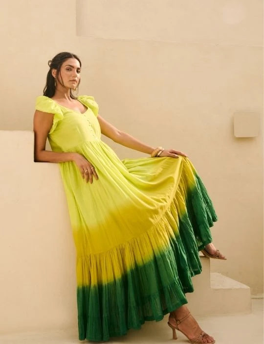 Lime Green Ombre Flared Maxi Dress