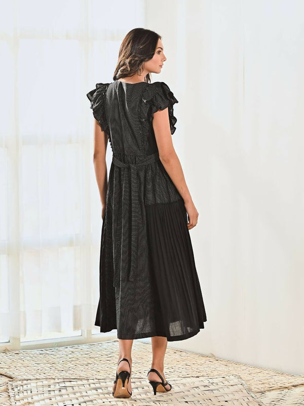 Black Cotton V neck Long Dress with Belt
