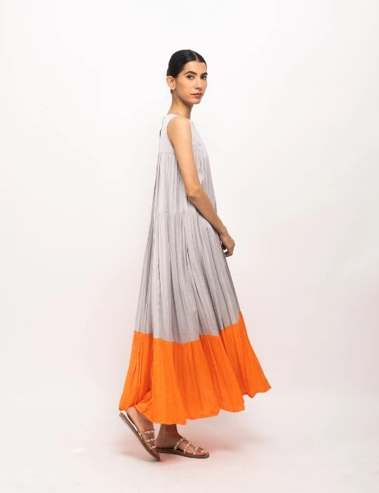 Grey-Orange Halter Neck Dress