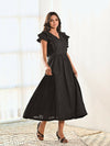 Black Cotton V neck Long Dress with Belt