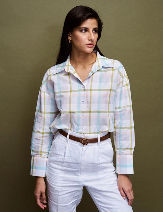 Logus Printed Multi Colour Checks Oversized Cotton Shirt