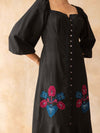 Midnight : Black Cotton Midi Dress for Women with Embroidered Floral Details