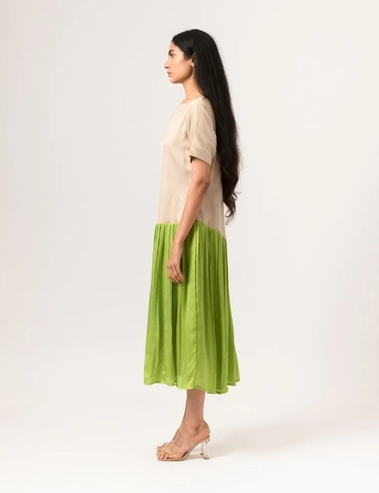 Ecru-Green Gather Dress