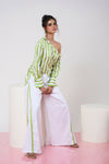 Striped Green & White Off-shoulder Top with White Pant