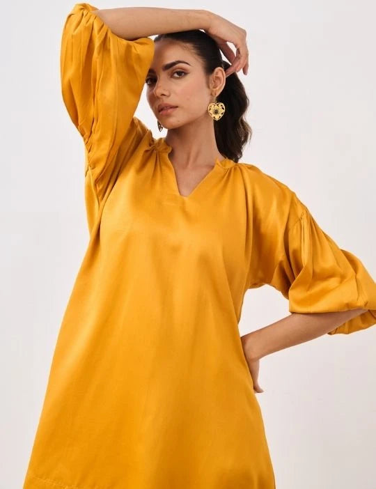 Orange Cotton Satin Short Party Dress with Balloon Sleeves