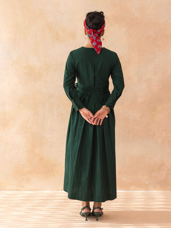 Mossie : Cotton Wrap Midi Dress in Dark Green | Casual Summer Dress