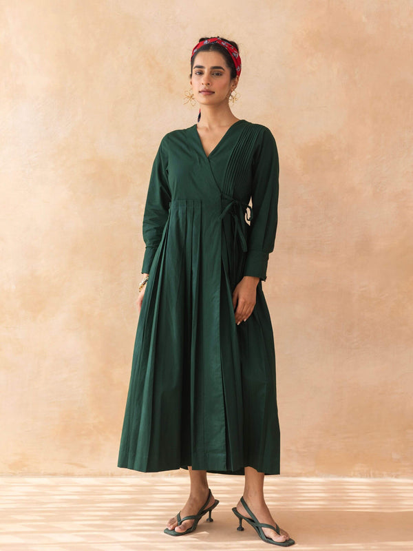 Mossie : Cotton Wrap Midi Dress in Dark Green | Casual Summer Dress