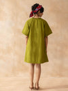 Olley : Dark Olive Cotton Knee-Length Dress with Embroidered Pockets