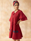 Marcella : Deep Maroon Cotton Knee-Length Dress with Embroidered Pockets
