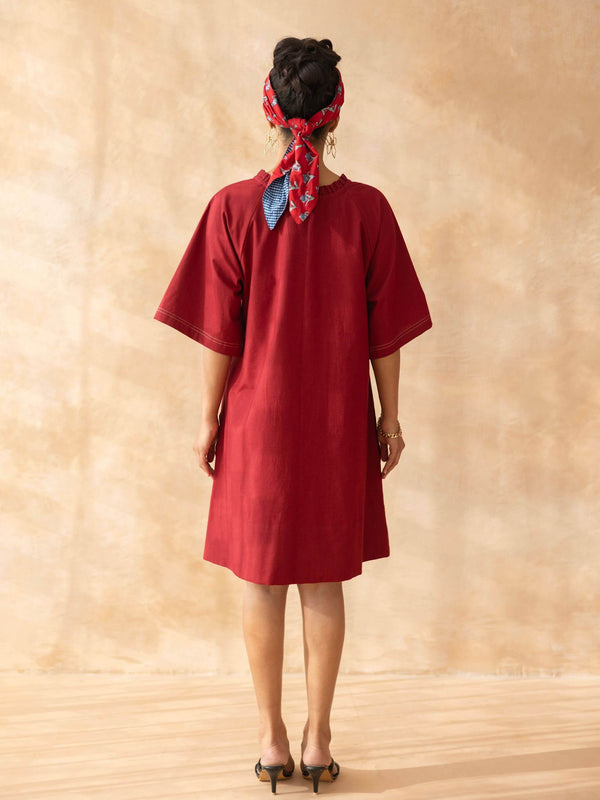 Marcella : Deep Maroon Cotton Knee-Length Dress with Embroidered Pockets