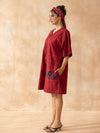 Marcella : Deep Maroon Cotton Knee-Length Dress with Embroidered Pockets