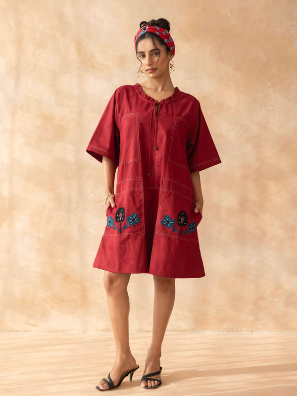 Marcella : Deep Maroon Cotton Knee-Length Dress with Embroidered Pockets