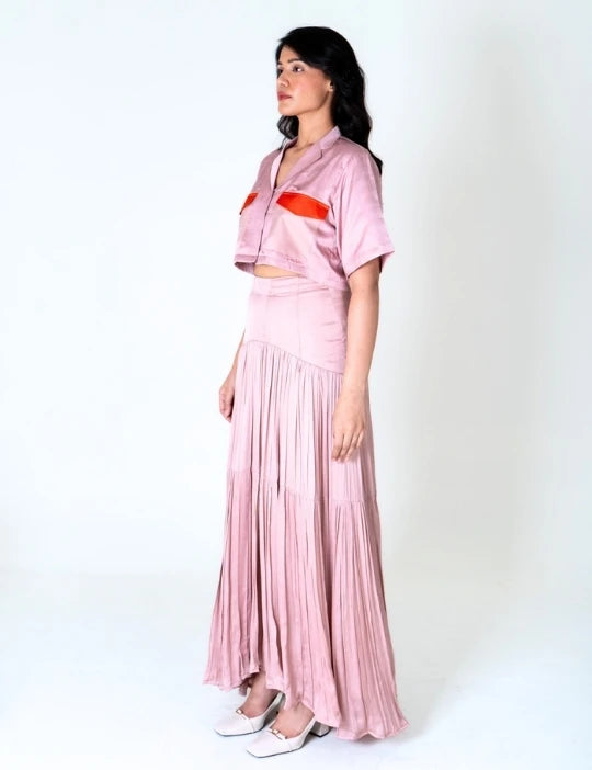 Pink-Orange Color-Blocked Maxi Skirt Set