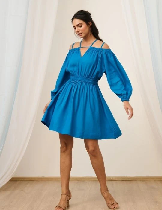 Cobalt Blue Short Cold Shoulder Dress