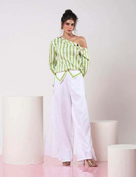 Striped Green & White Off-shoulder Top with White Pant