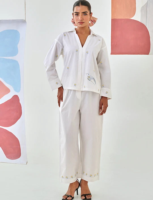 White Co-ord Set With Floral Embroidery