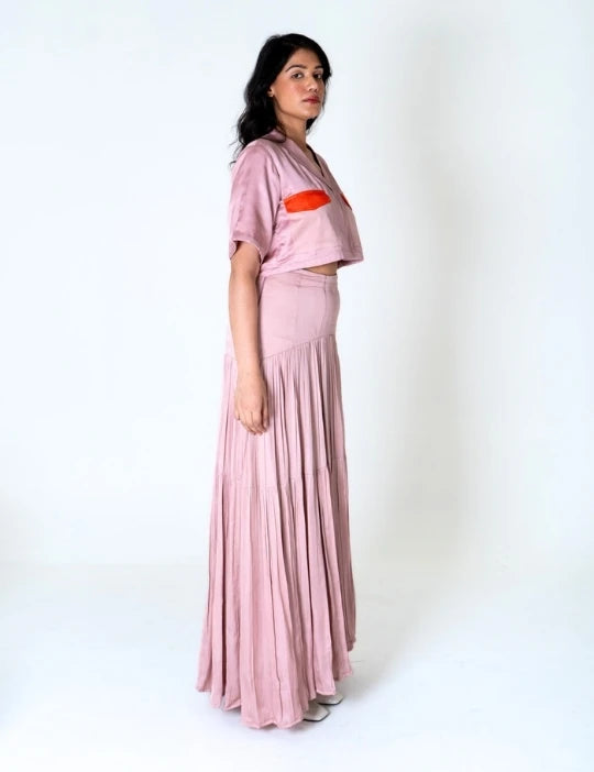 Pink-Orange Color-Blocked Maxi Skirt Set