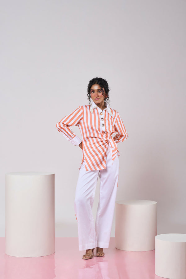 Striped Coral & White top with White Pant