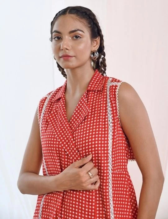 Red Printed Cotton Sleeveless Wrap Dress
