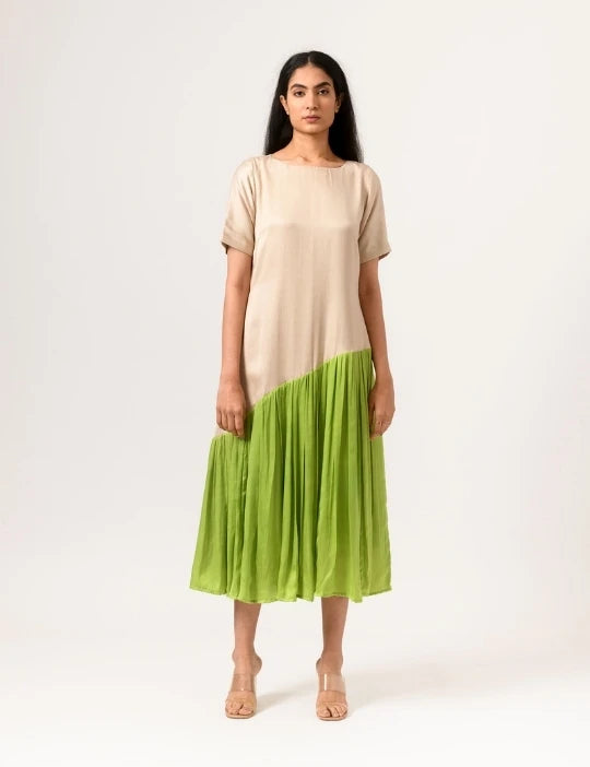 Ecru-Green Gather Dress