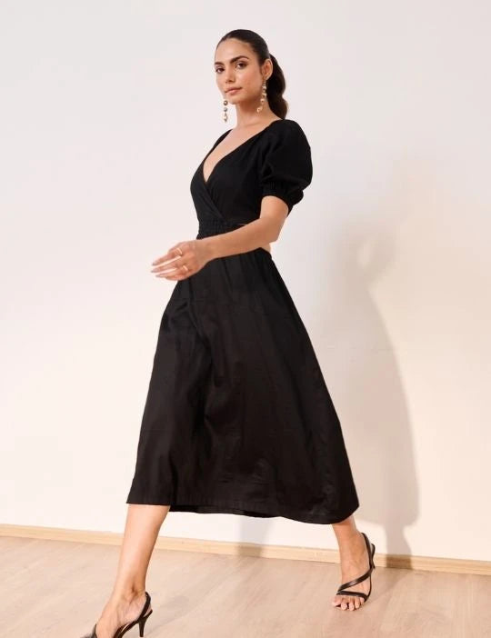 Black Cotton Satin Deep-V Bareback Party Dress