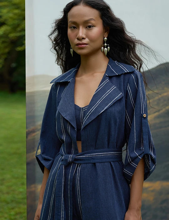 Cobalty Trench Overlay & Trousers Set With Bralette