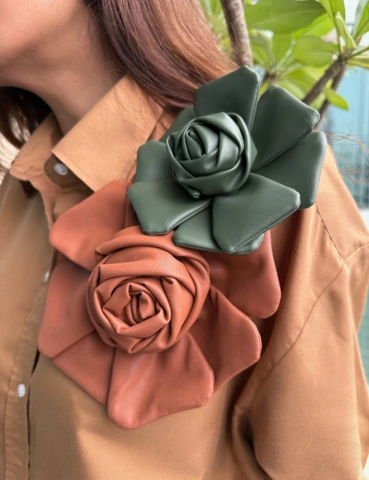 Vegan Leather Rose Brooch Green
