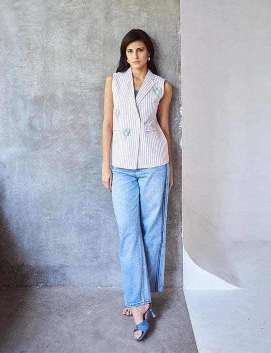 Logus Striped Hand Embroidered Waist Coat