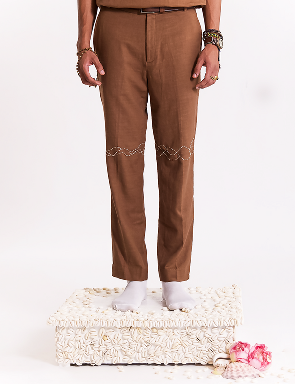 Wave Embroidered Trouser - Brown
