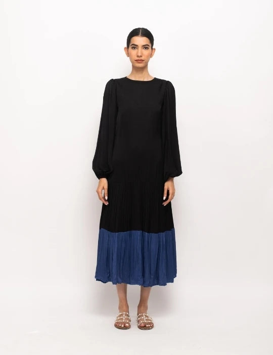Black-Blue Gather Maxi Dress